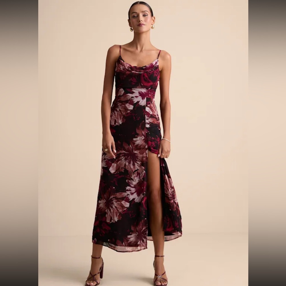 Lulus Flowery Passion Burgundy Floral Print Cowl Neck Midi Dress Red - Size L